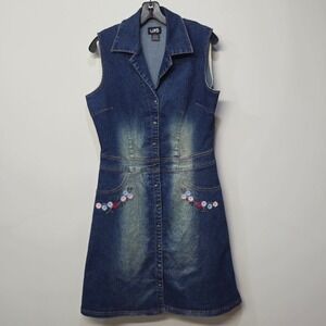 Vintage Y2K Mini Denim Jean Dress Large Dark Wash Fading Floral Embroidery Fairy